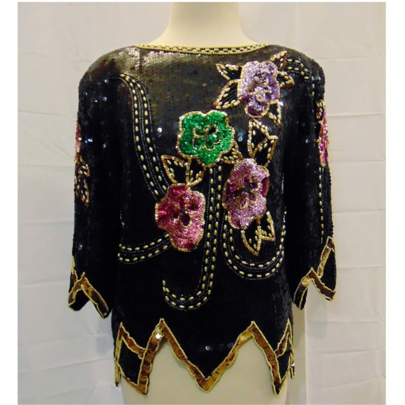 Vintage Chanson D' Amour Floral Sequin Top - Picture 2 of 7